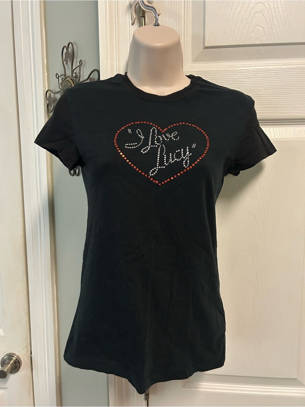 I Love Lucy Black Rhinestone Heart Baby Tee Y2K Retro Bling TV